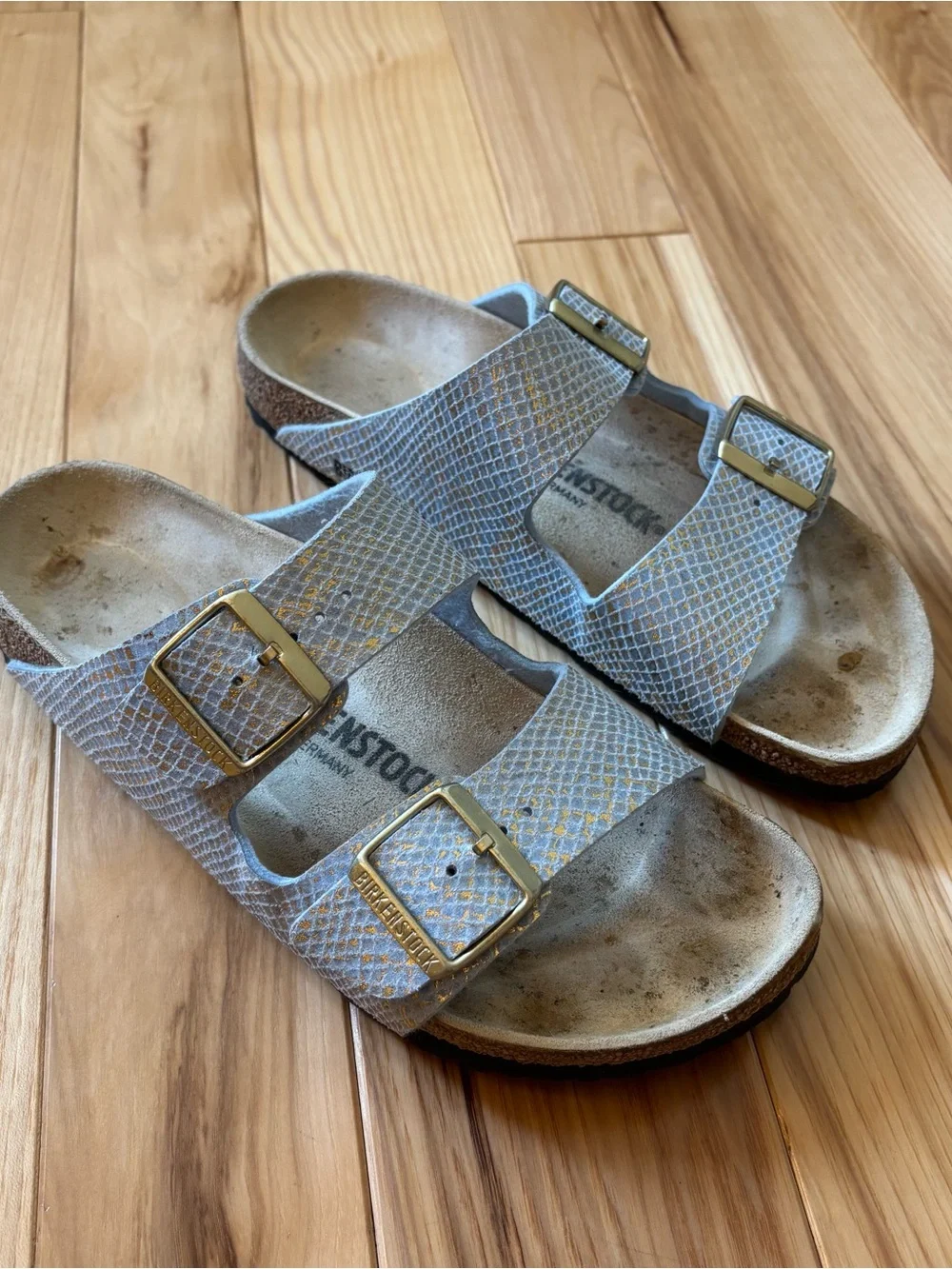 Birkenstock Arizona Shiny Python Dusty Blue Metallic Snakeskin Sandals